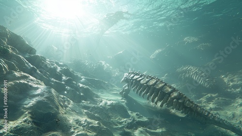 Intricate 3D Render of Cambrian Underwater Ecosystem with Anomalocaridids and Agnatha Among Rocky Outcrops and Algae Drifts photo