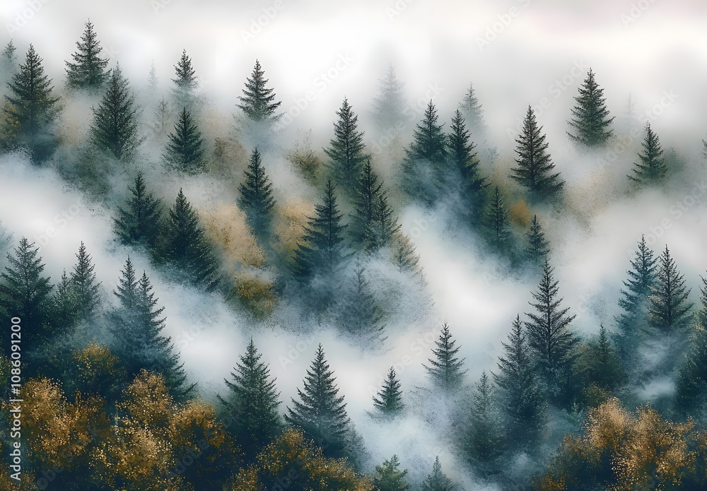 Enigmatic Misty Forest Landscape with Evergreen Trees Surrounded by Soft Fog, Capturing Nature's Serene Beauty in a Tranquil Setting Enigmatic Misty Forest Landscape with Evergreen Trees Surrounded by Soft Fog, Capturing Nature's Serene Beauty in a Tranquil Setting