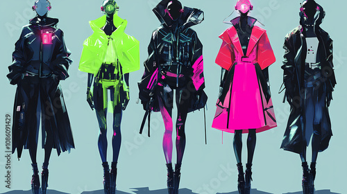 Fashion forward: hyper maximalist cyberpunk tech wear takes the lead. Neon Noir. Illustration