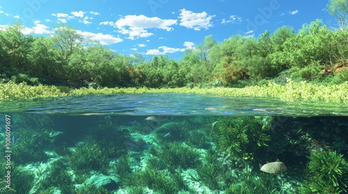 Serene Cambrian Lagoon: 3D Render of Tranquil Underwater Scene with Soft-Bodied Creatures Amid Vibrant Algae and Corals
