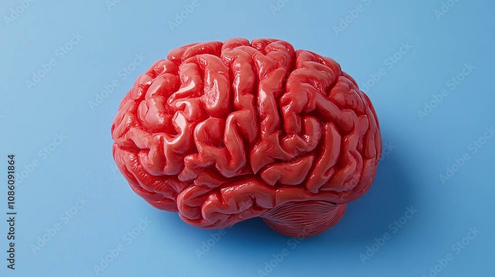 Red Engraved Top View Brain Illustration on Blue Background Red Engraved Top View Brain Illustration on Blue Background