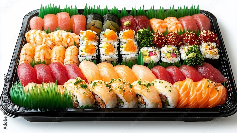 Large sushi platter with assorted nigiri, maki, and rolls. Large sushi platter with assorted nigiri, maki, and rolls.