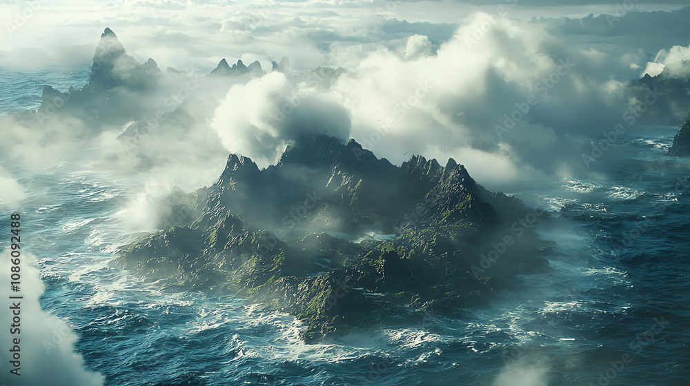 Rugged volcanic island rises dramatically from turbulent ocean beneath ominous clouds during a stormy weather event Rugged volcanic island rises dramatically from turbulent ocean beneath ominous clouds during a stormy weather event