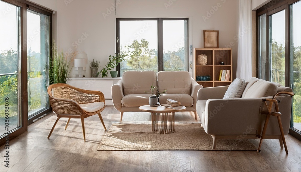 Home living room interior with sofa and armchairs, shelf and panoramic window Home living room interior with sofa and armchairs, shelf and panoramic window