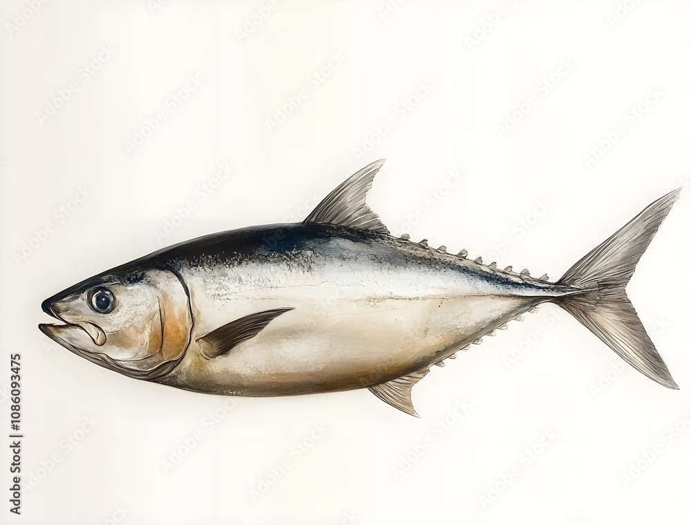 Realistic illustration of a bluefin tuna showcasing detailed features, vibrant colors, and anatomical structure suitable for educational materials or culinary presentations. Realistic illustration of a bluefin tuna showcasing detailed features, vibrant colors, and anatomical structure suitable for educational materials or culinary presentations.