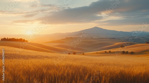 Golden wheat field at sunset, rolling hills and mountains in the background.