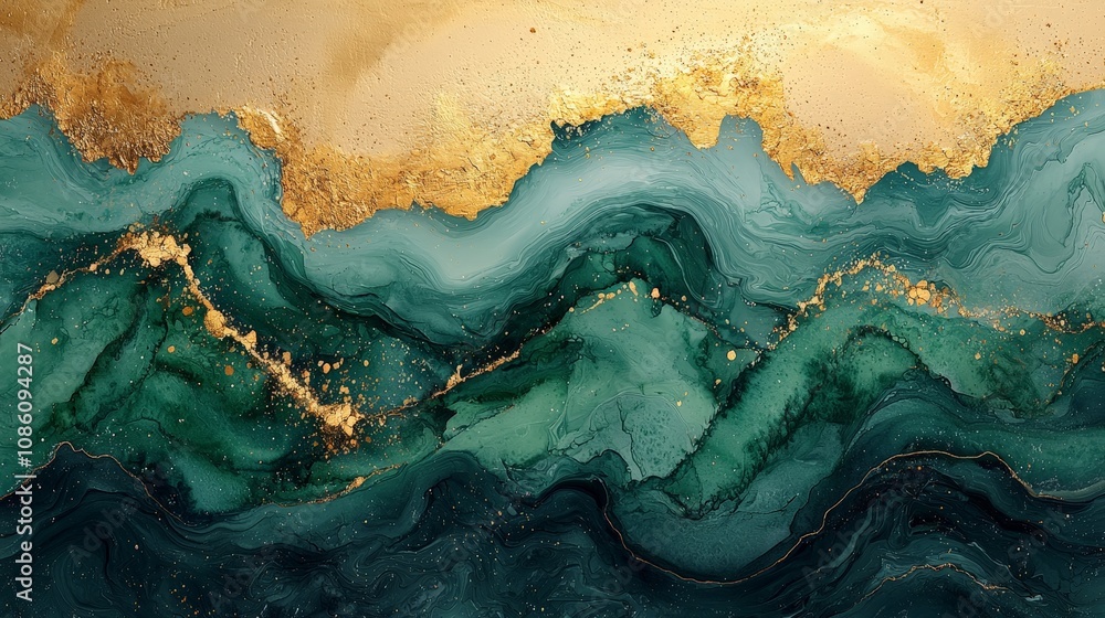 Abstract artwork featuring flowing waves in green and gold hues. Abstract artwork featuring flowing waves in green and gold hues.