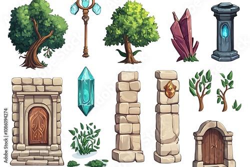 Fantasy Game Assets, Trees, Crystals, Stone, Door