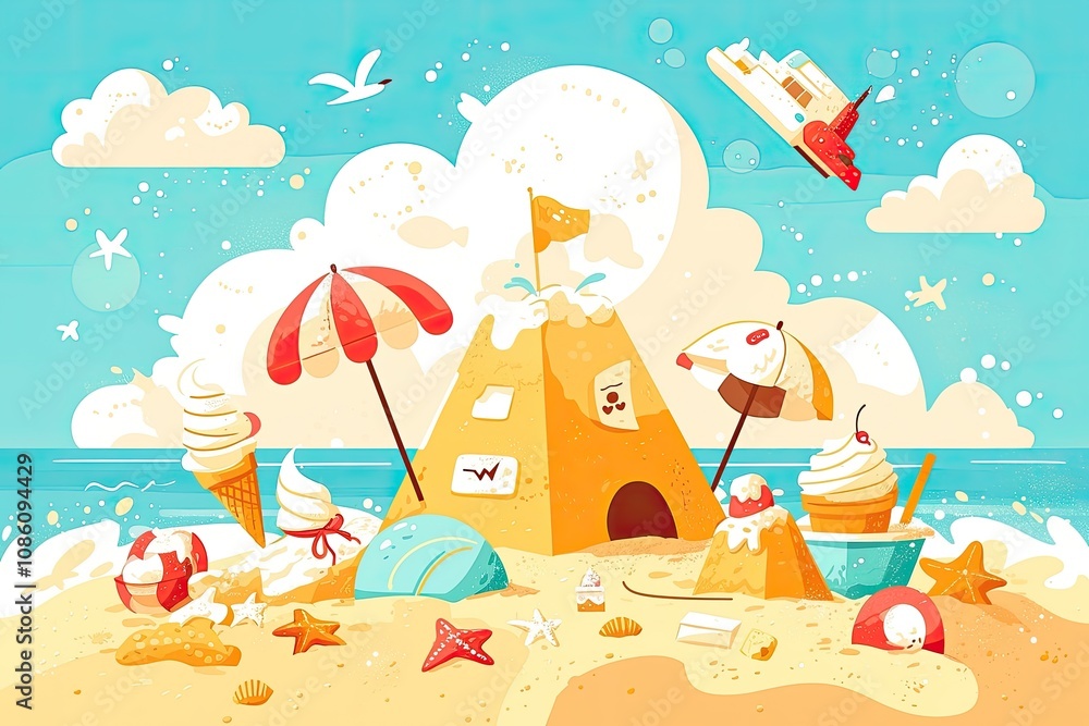 A vibrant sandcastle stands majestically on a sunny beach, surrounded by colorful beach items and bright blue skies during a warm summer day A vibrant sandcastle stands majestically on a sunny beach, surrounded by colorful beach items and bright blue skies during a warm summer day