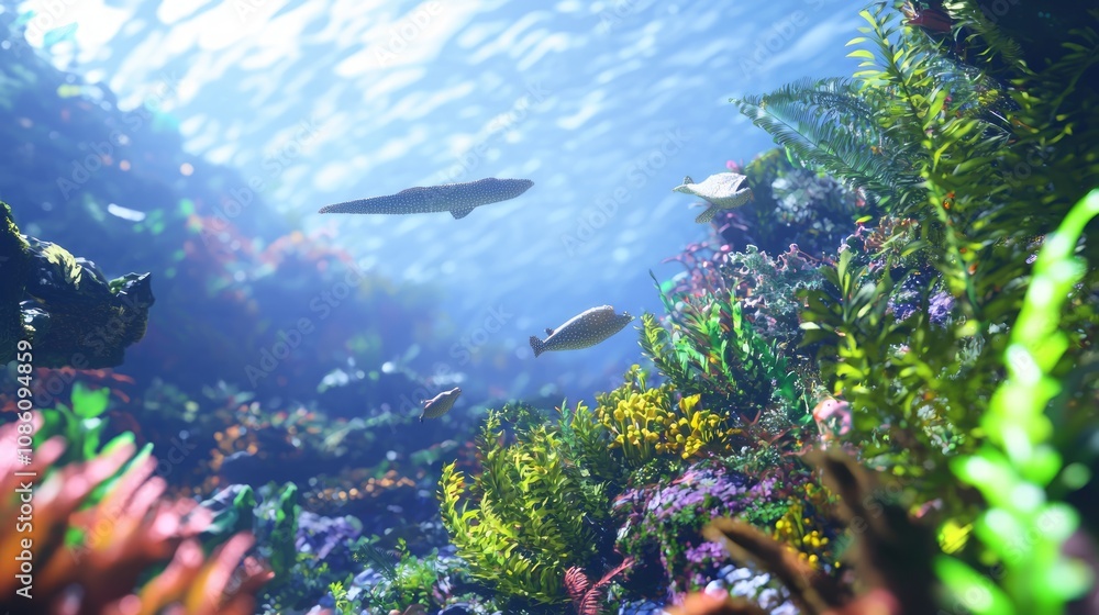 Fototapeta premium Prehistoric Marine Life: Cambrian Ocean Floor 3D Render with Predators, Prey, and Colorful Flora