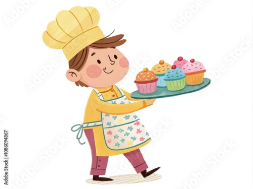 Cheerful Baker Character Holds a Tray of Colorful Cupcakes in a Bright Kitchen. Generative AI