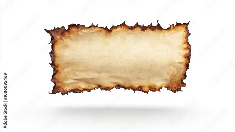 Fototapeta premium A vintage burnt parchment paper with jagged edges, suspended in mid-air, creating an ancient and mysterious atmosphere.