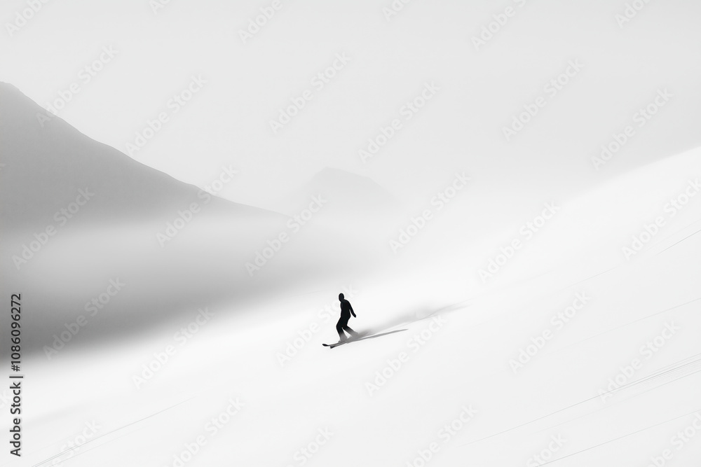 A lone snowboarder gliding through fresh snow in a minimalist snowy landscape with soft mountain silhouettes in the background, exuding calm and serenity A lone snowboarder gliding through fresh snow in a minimalist snowy landscape with soft mountain silhouettes in the background, exuding calm and serenity