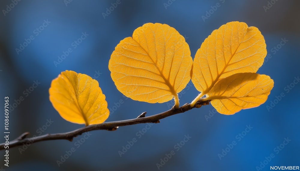 Golden Leaves of Autumn on a Thorny Branch Against a Blue Background, November Nature Scene Golden Leaves of Autumn on a Thorny Branch Against a Blue Background, November Nature Scene