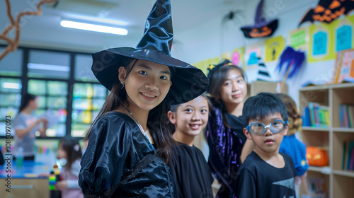 American Korean students in Halloween or carnival hats posing in a classroom at school.