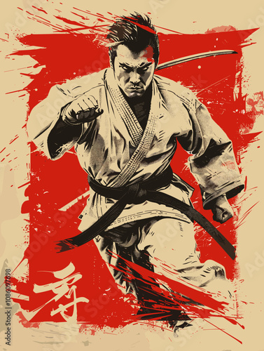 Man in a white karate uniform is in the middle of a kick. The background is a red circle with splatters of paint