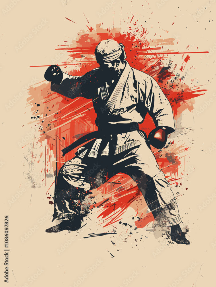 Man in a karate uniform is punching a boxing bag. The image has a bold, dynamic feel to it, with the red splatters adding a sense of energy and movement Man in a karate uniform is punching a boxing bag. The image has a bold, dynamic feel to it, with the red splatters adding a sense of energy and movement