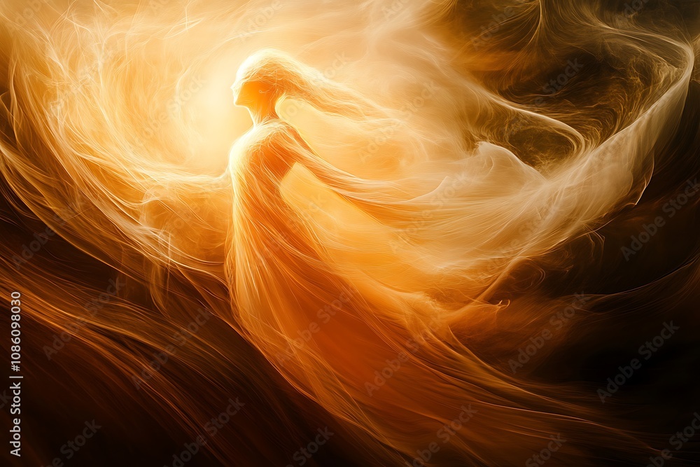 Naklejka premium Abstract ethereal woman in golden light. Concept of spirituality, divinity, and ascension.