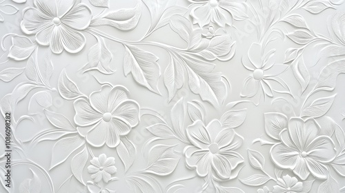 Elegant white floral embossed wallpaper with intricate details and textures, creating a sophisticated ambiance.