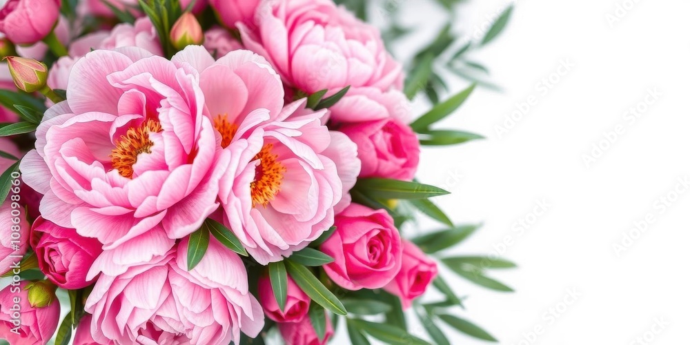 A fresh arrangement of pink peonies and roses with space for text, garden, bouquet A fresh arrangement of pink peonies and roses with space for text, garden, bouquet