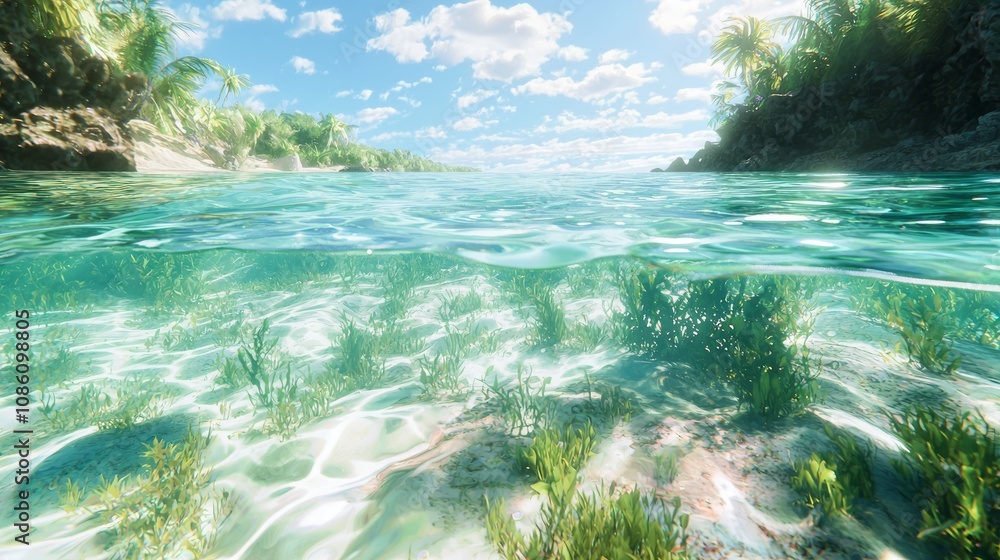 Fototapeta premium Tranquil Cambrian Lagoon Vibrant with Marine Life - Ultra-Detailed 3D Render Digital Artwork