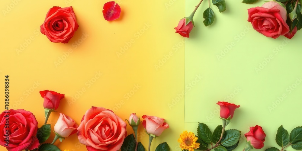 Backdrop of colorful paper roses in shades of pink, red, orange, and yellow with green leaves, green, roses Backdrop of colorful paper roses in shades of pink, red, orange, and yellow with green leaves, green, roses