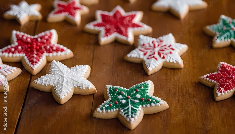 decorated holiday cookies arranged on a rustic wooden table against a background of twinkling lights decorated holiday cookies arranged on a rustic wooden table against a background of twinkling lights