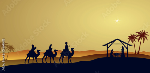 Christmas Nativity scene background. The Three Wise Men arrive at the hut. Desert setting. Vector illustration.