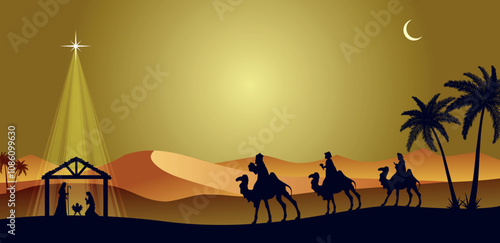 Christmas Nativity scene background. The Three Wise Men arrive at the hut. Desert setting. Vector illustration.