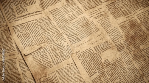 Vintage-style background featuring layered, aged newspaper clippings with faded text and a warm, sepia tone.