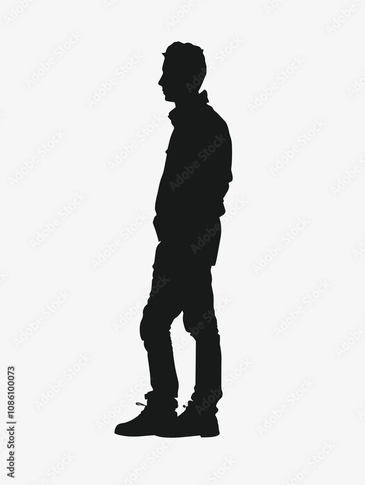 Man is standing in the middle of a white background. He is wearing a jacket and has his hands in his pockets. The image has a somber and lonely mood, as the man is lost in thought Man is standing in the middle of a white background. He is wearing a jacket and has his hands in his pockets. The image has a somber and lonely mood, as the man is lost in thought