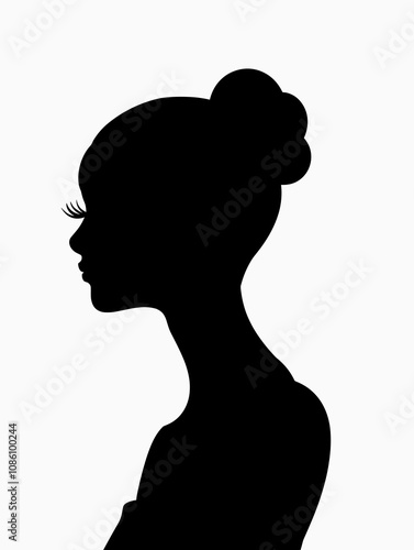 Woman's silhouette is drawn on a white background. The woman is wearing a bun and has long lashes. The image has a simple and elegant feel to it