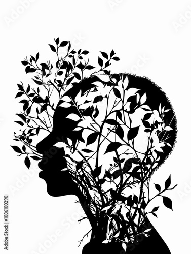 Person's head is covered in leaves, giving the impression of a tree growing out of their head. The image is black and white, and the leaves are very detailed