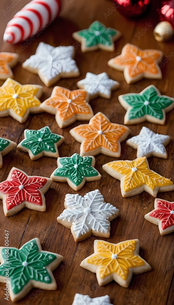 decorated holiday cookies arranged on a rustic wooden table against a background of twinkling lights decorated holiday cookies arranged on a rustic wooden table against a background of twinkling lights