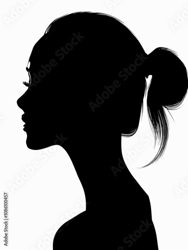 Woman's silhouette is shown with her hair in a bun. The image is black and white, giving it a classic and timeless feel. The woman's face is the main focus, with her eyes and nose clearly visible