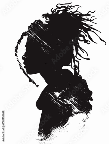 Woman with dreadlocks is captured in a black and white photograph. The photo is of a woman with dreadlocks and a white background. The woman's hair is styled in a bun