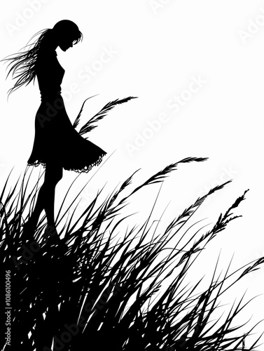 Woman is walking through a field of tall grass. The grass is tall and the woman is walking through it, seemingly lost in thought. The scene is quiet and peaceful