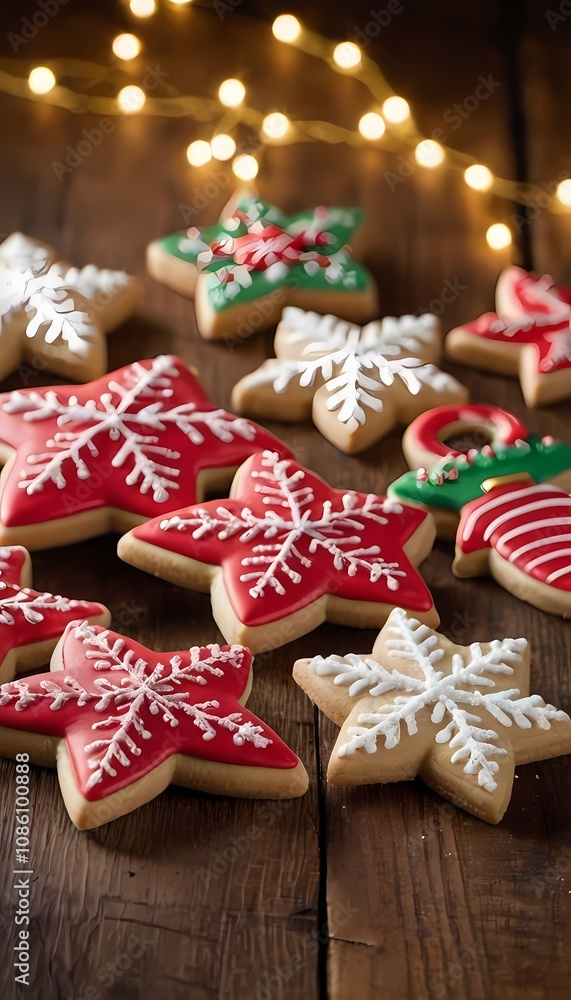 decorated holiday cookies arranged on a rustic wooden table against a background of twinkling lights decorated holiday cookies arranged on a rustic wooden table against a background of twinkling lights