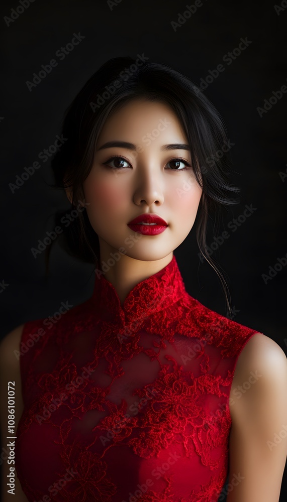 An Asian woman in a red dress posing for the camera An Asian woman in a red dress posing for the camera