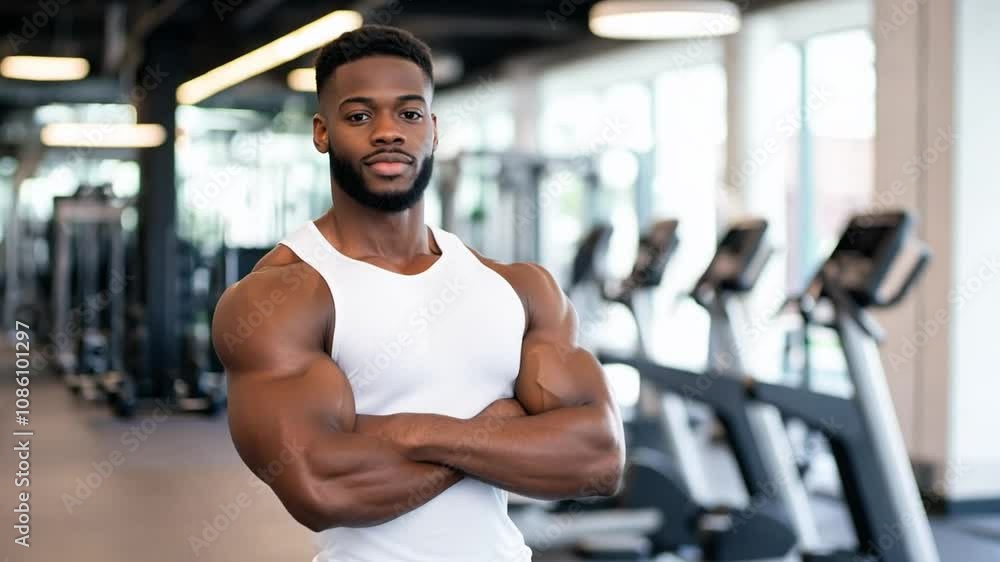 A muscular black man stands confidently in a modern gym, highlighting the results of hard work and commitment to physical health A muscular black man stands confidently in a modern gym, highlighting the results of hard work and commitment to physical health