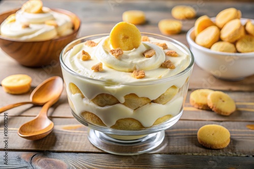 Creamy Banana Pudding With Whipped Topping and Vanilla Cookies Served in a Glass Dish. Generative AI