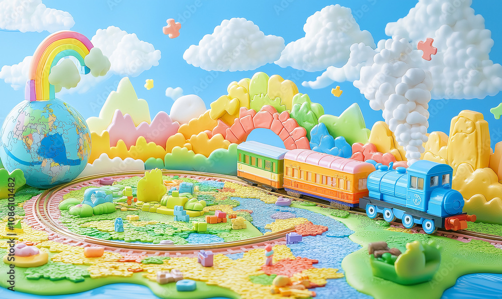 Playful Image of Toy Train, Puzzle Globe, and Cheerful Child Under Rainbow-Lit Skies Playful Image of Toy Train, Puzzle Globe, and Cheerful Child Under Rainbow-Lit Skies