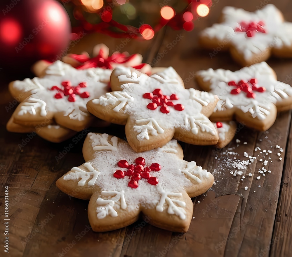 decorated holiday cookies arranged on a rustic wooden table against a background of twinkling lights decorated holiday cookies arranged on a rustic wooden table against a background of twinkling lights