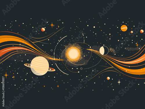 Colorful painting of the solar system with the sun in the middle. The planets are shown in different sizes and positions, with the sun being the largest and the planets being smaller