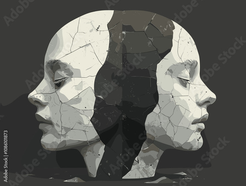 Two faces are shown, one is black and the other is white. The faces are broken and cracked, giving the impression of a shattered or fragmented identity. Concept of loss, confusion, and vulnerability