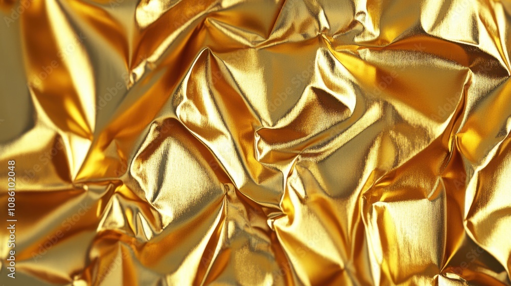 Close-up of crinkled golden fabric, creating a rich and luxurious texture with gleaming highlights and shadows. Close-up of crinkled golden fabric, creating a rich and luxurious texture with gleaming highlights and shadows.