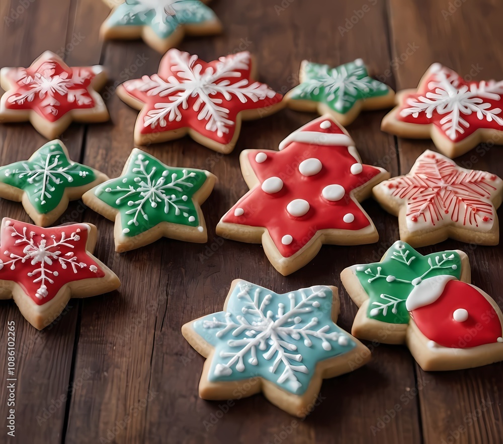 decorated holiday cookies arranged on a rustic wooden table against a background of twinkling lights decorated holiday cookies arranged on a rustic wooden table against a background of twinkling lights