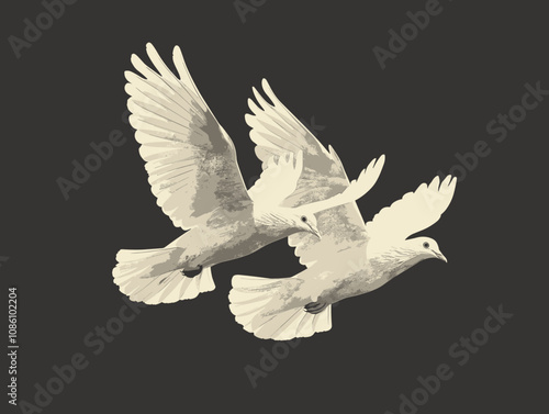 Two white birds flying in the sky. The birds are in the air and are flying in opposite directions