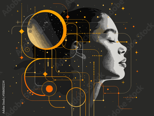 Woman's face is surrounded by a circle of stars and a large circle of planets. The image is a representation of the vastness of the universe. The woman's face is the center of attention