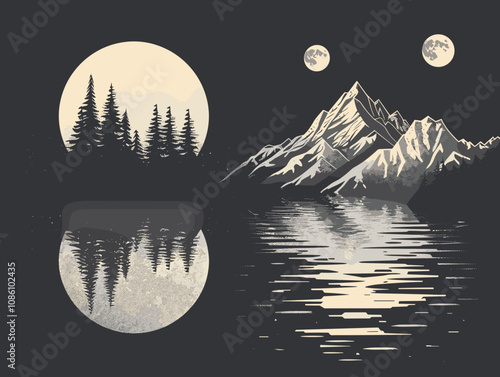 The image is a black and white drawing of a mountain range with a lake in the foreground. The mountains are covered in snow and the lake is calm and reflective